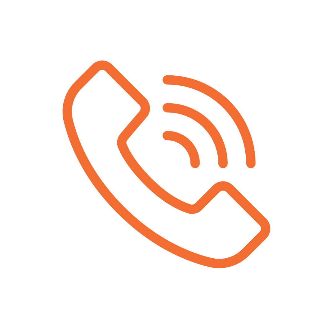 Orange telephone handset icon with sound wave lines on black background.