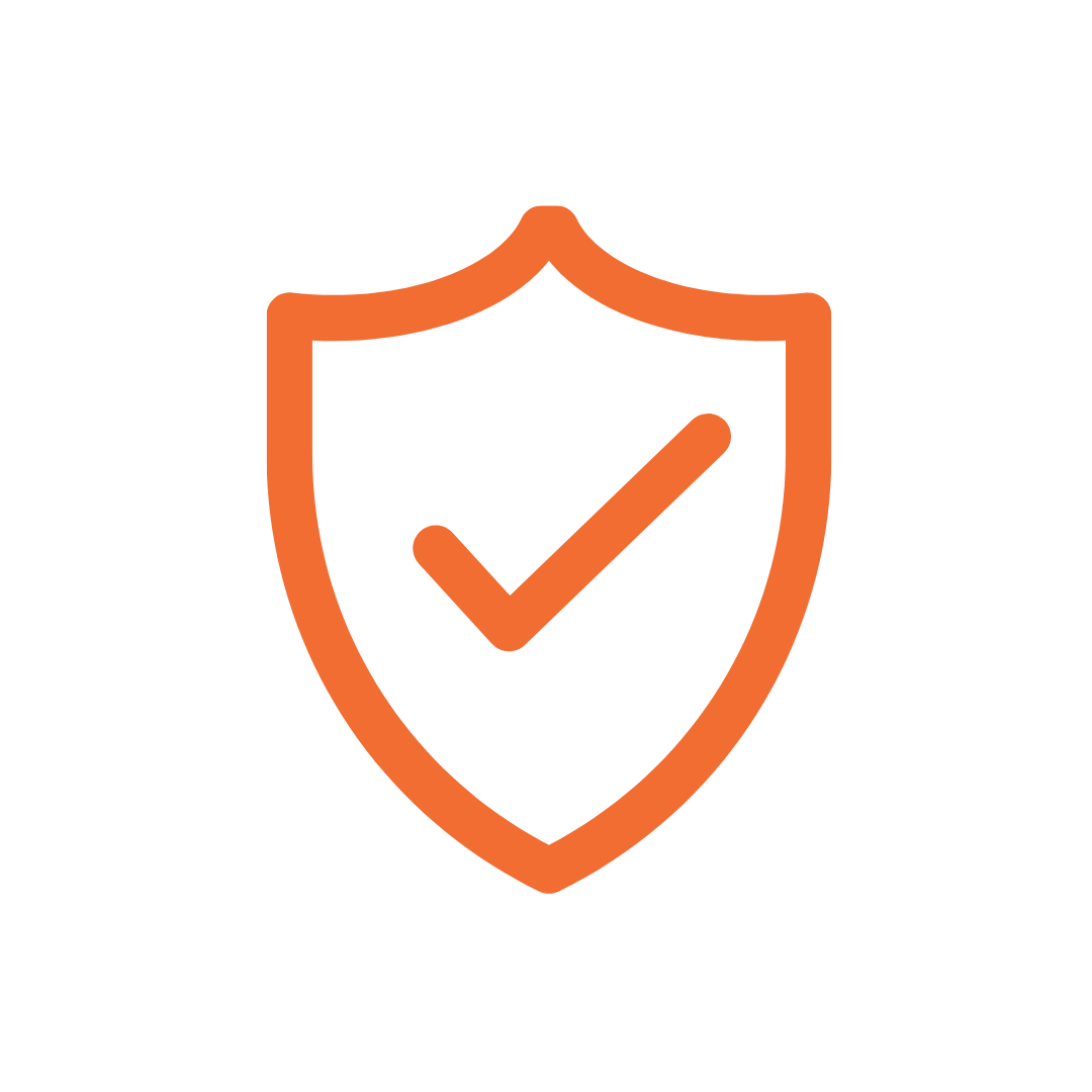 Orange shield icon with a check mark symbolizing security and protection.