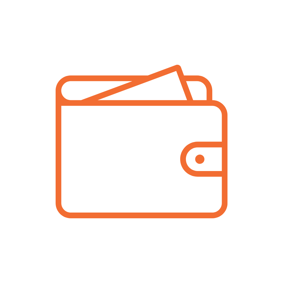 Orange wallet icon with money inside on a black background.