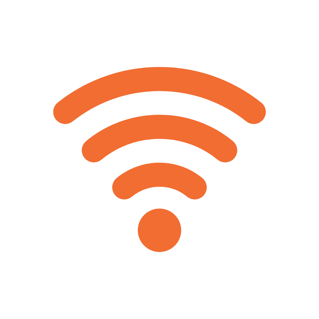 Orange Wi-Fi signal icon with three curved bars and a dot on a black background.