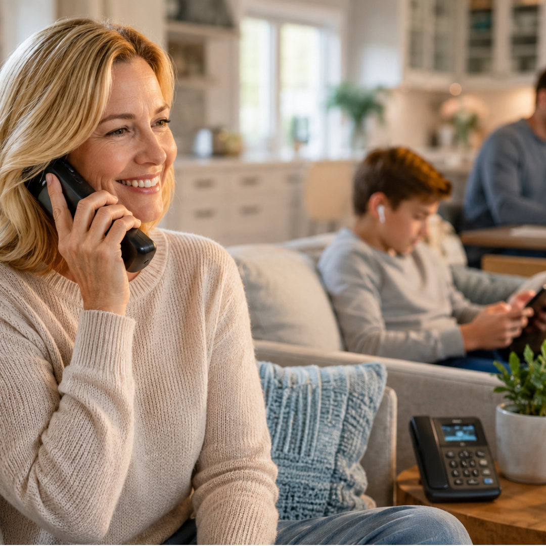 Smiling woman talking on a cordless phone in a cozy living room with a boy using a tablet behind her.