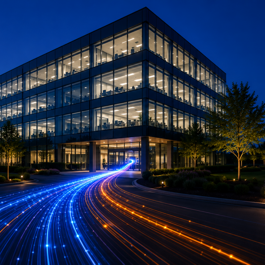 Modern office building at night with blue and orange light trails leading to its entrance.