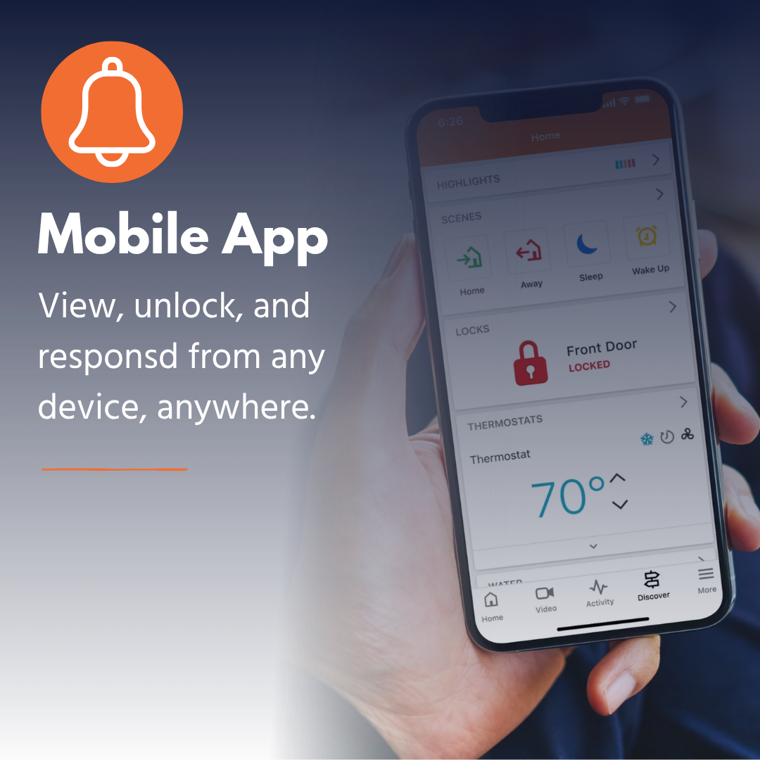 Hand holding smartphone displaying home security app with scenes, locks, and thermostat controls.