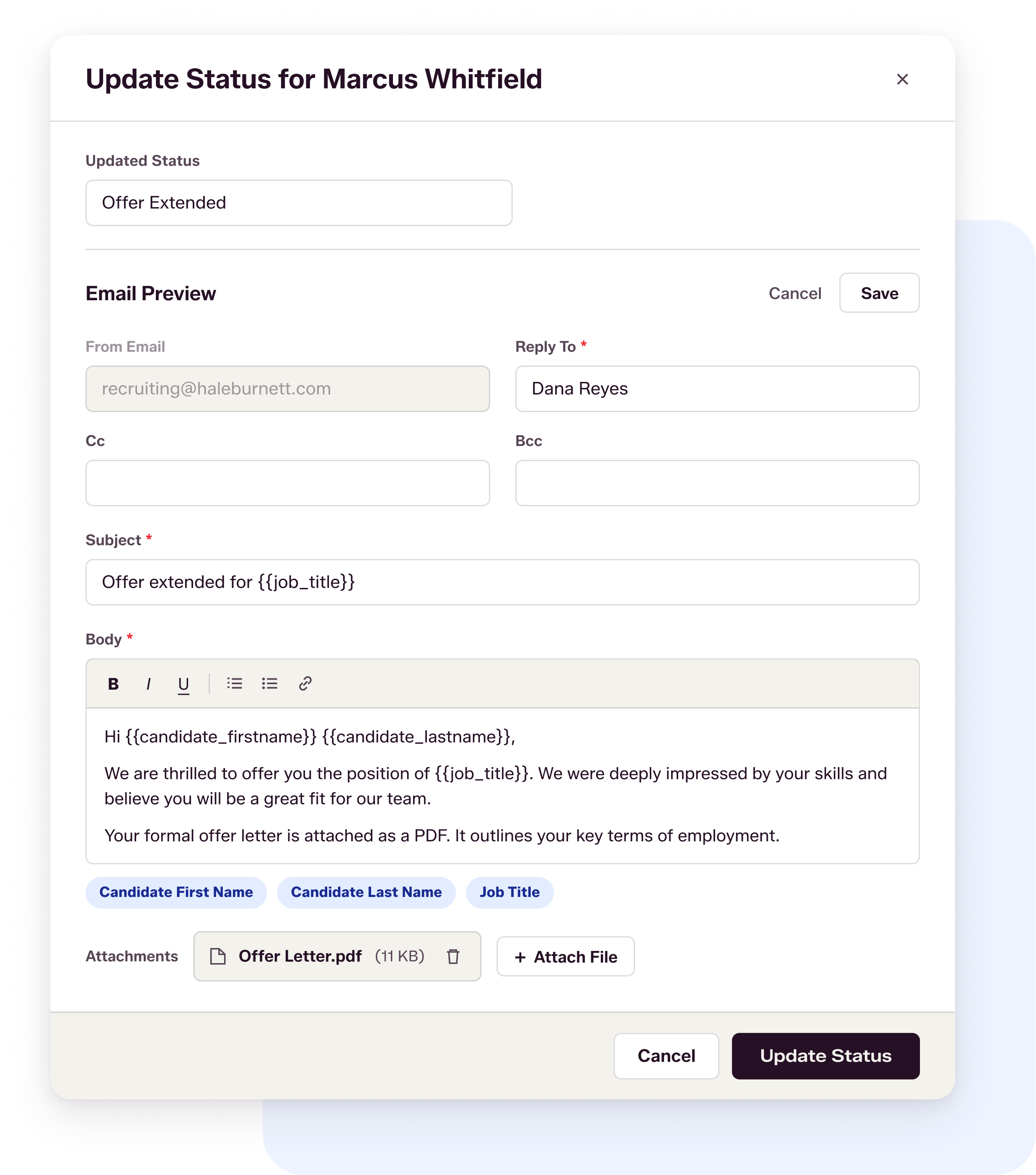 Offer letter attached to a candidate email in Flo Applicant Tracking