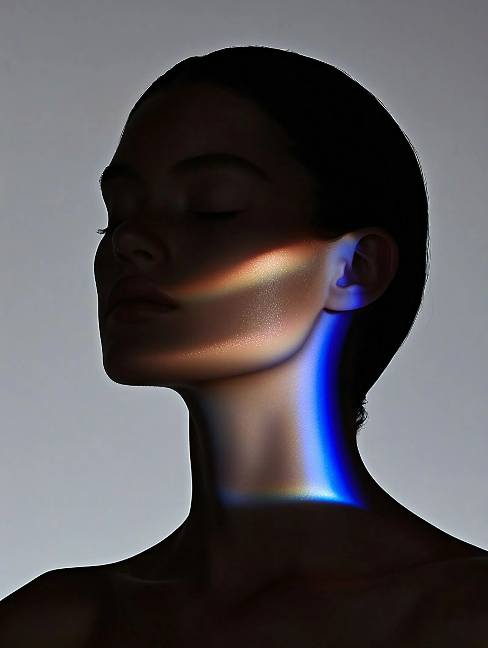 A woman with her eyes closed with a rainbow light on her face.