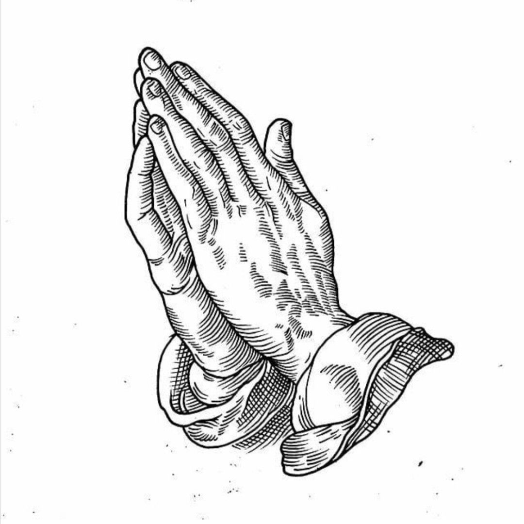 Black and white detailed drawing of two hands pressed together in a praying gesture with rolled-up sleeves.