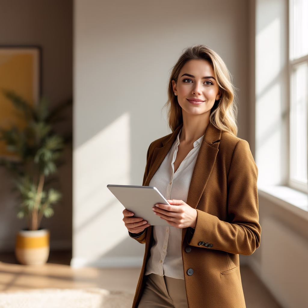 Smiling woman in a brown blazer holding a tablet in a bright room with large windows and a potted plant.