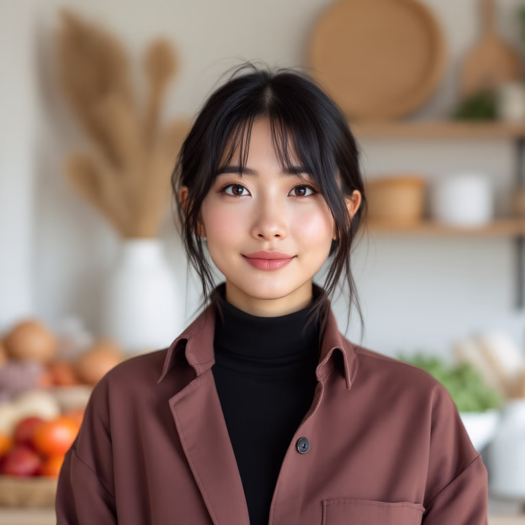 Young woman with dark hair wearing a brown shirt over a black turtleneck, smiling in a softly lit room with blurred kitchen items in the background.