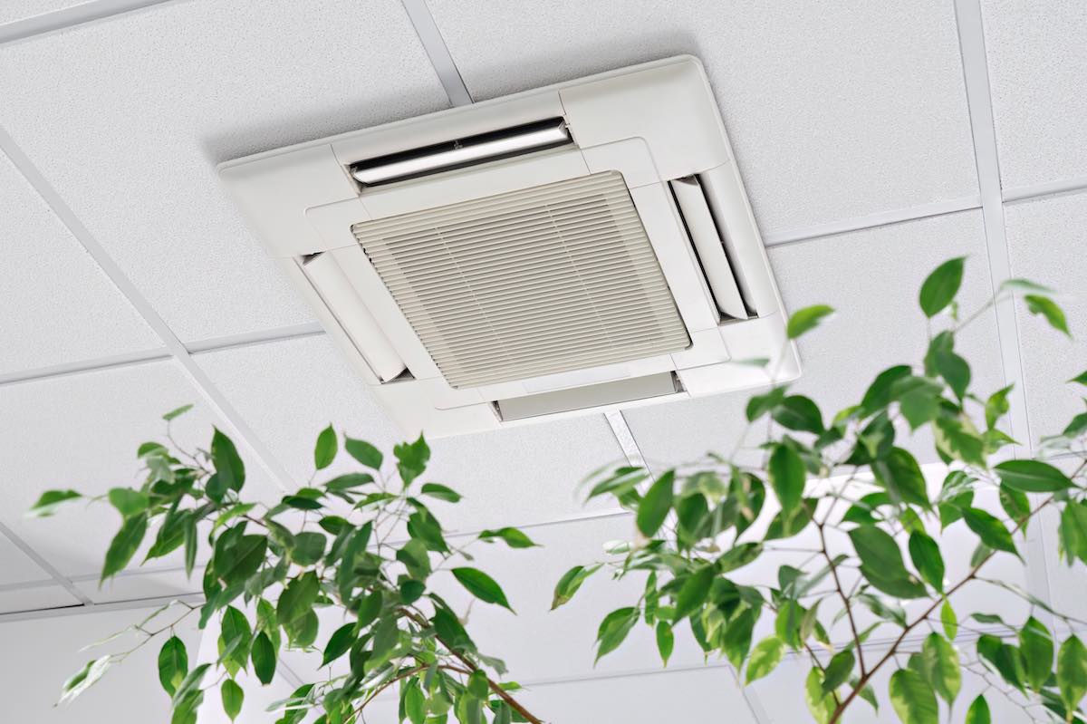 Ceiling-mounted air conditioning unit with green plants below on white drop ceiling
