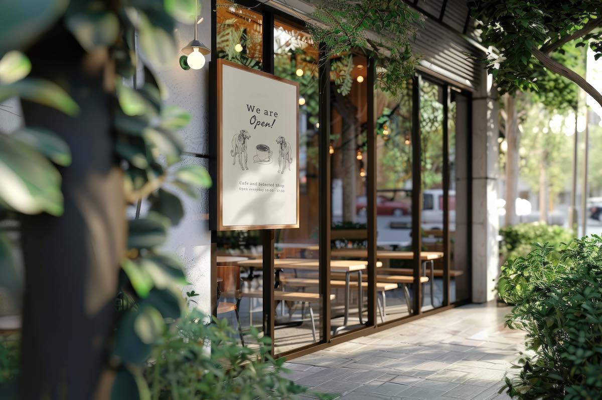 Modern cafe storefront with "We are Open" sign and surrounding greenery plants