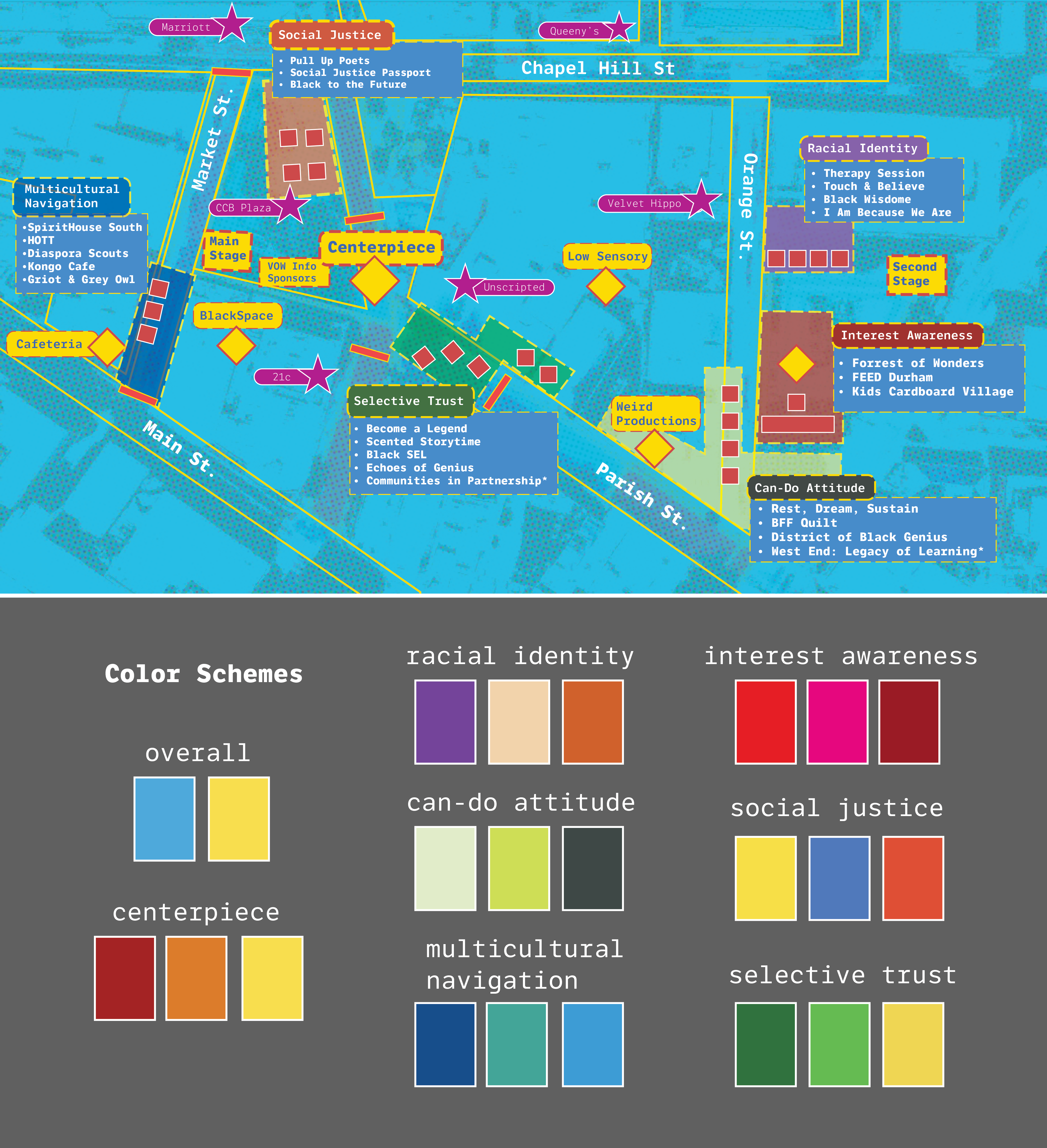 Festival map and world color schemes.