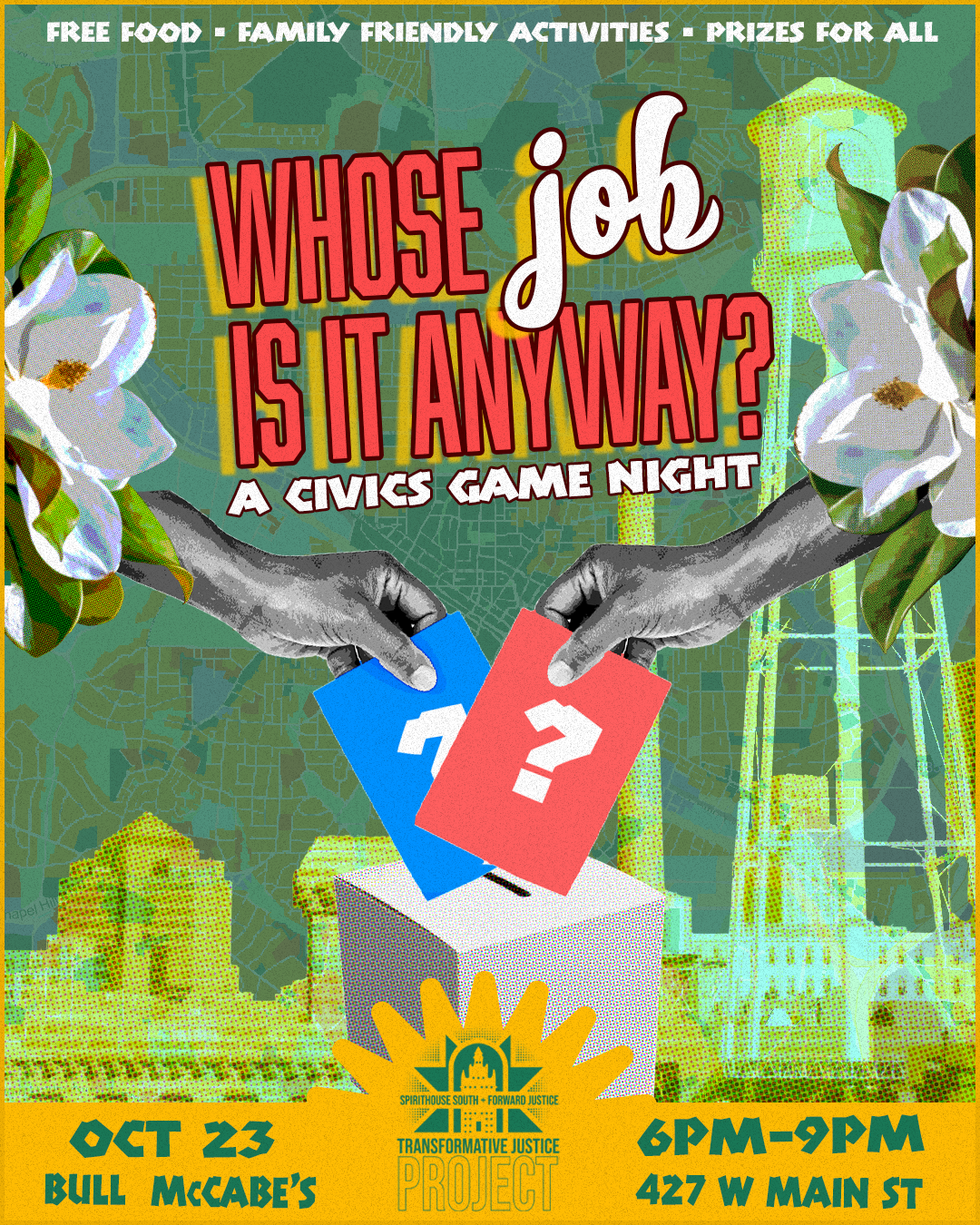 Flyer design for civic engagement event. Note the general application of the logo on various promotional pieces.