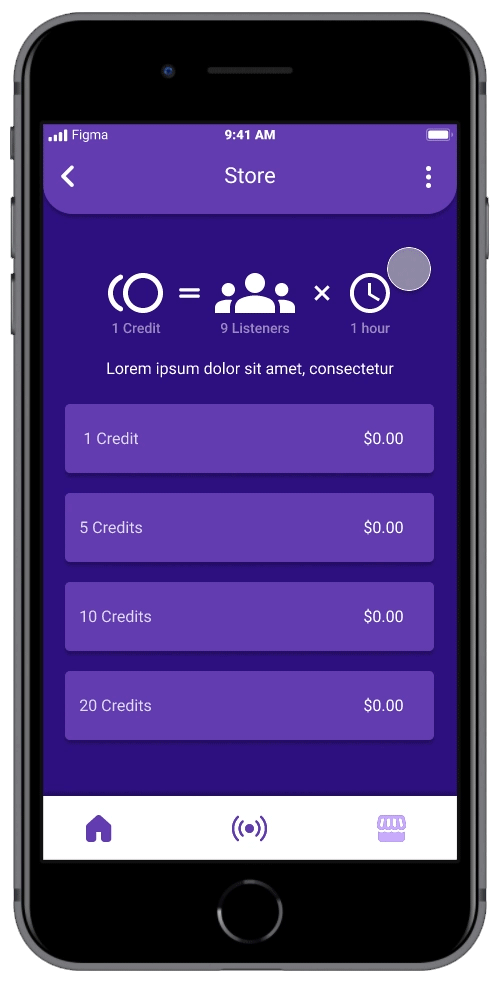Mobile app store screen showing credit packages with prices set at $0.00, icons indicating 1 credit equals 9 listeners times 1 hour, and navigation bar with home, broadcast, and store icons.