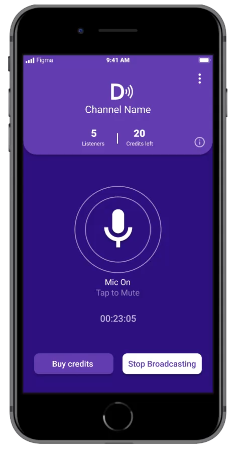 Mobile app screen showing live audio broadcast with 5 listeners, 20 credits left, mic on, and buttons to buy credits or stop broadcasting.