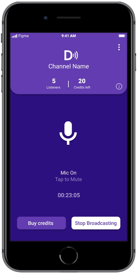 Mobile app screen showing active voice broadcast with 5 listeners, 20 credits left, microphone on, 23 minutes timer, and buttons to buy credits or stop broadcasting.