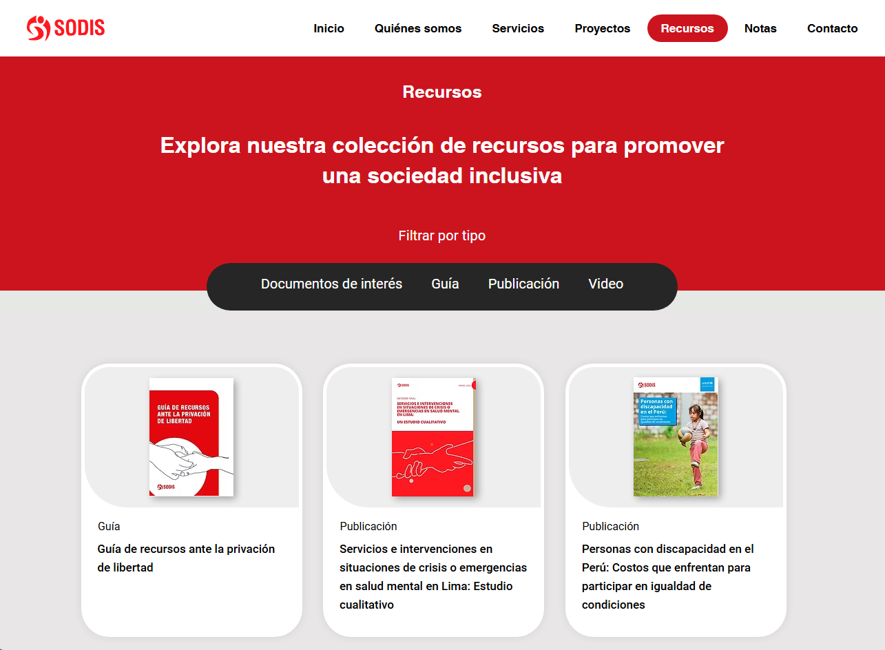 SODIS website Recursos page with filter options and three resource cards titled Guia de recursos ante la privación de libertad, Servicios e intervenciones en situaciones de crisis o emergencias en salud mental en Lima, and Personas con discapacidad en el Perú.