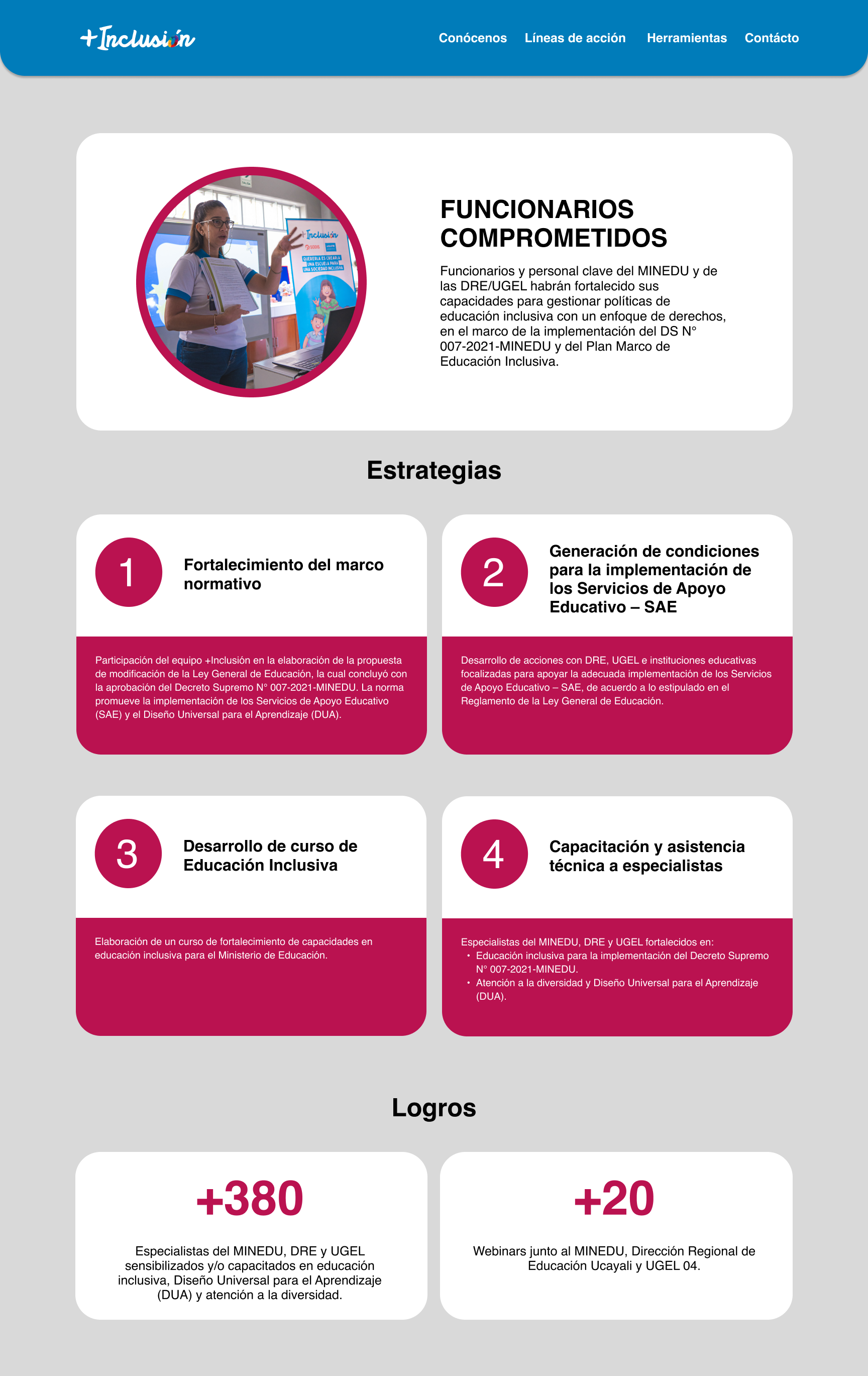 Infographic detailing committed officials' training in inclusive education by MINEDU and UGEL, outlining four strategies and achievements.