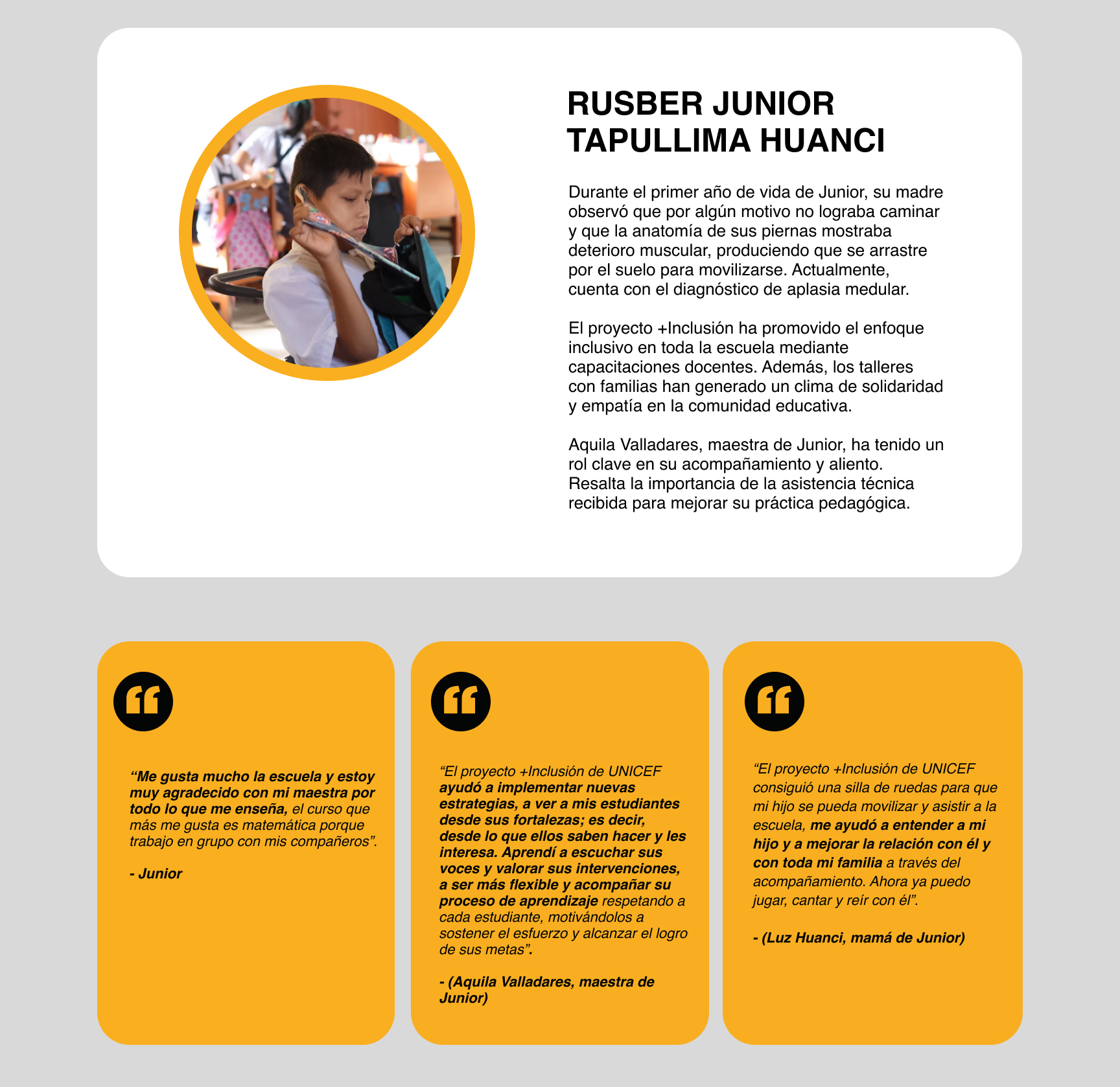 Photograph of a boy in a wheelchair holding a bag strap, alongside a testimonial about his condition, support from a project promoting school inclusion, and quotes from the boy, his teacher, and his mother.