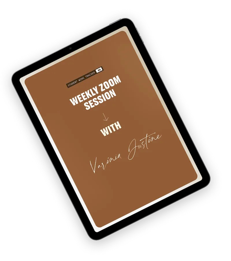 iPad Air displaying a brown screen with text 'Weekly Zoom Session with Varinia Justine' in white.