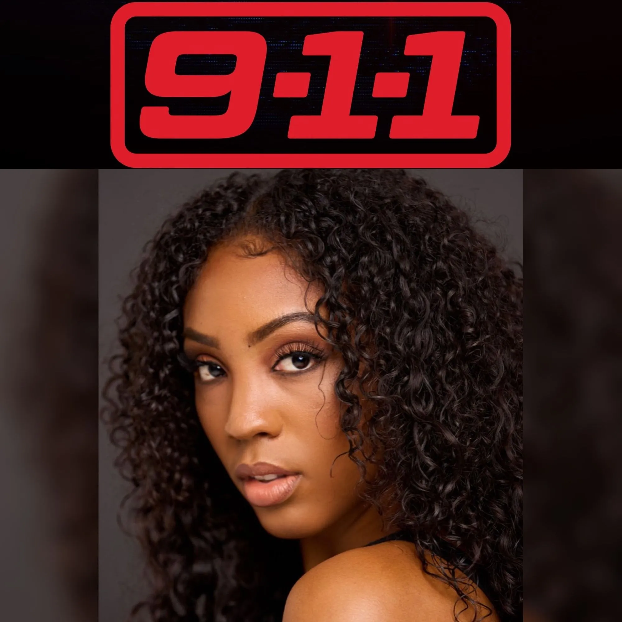 Headshot of a woman with long, dark curly hair, with the read 9-1-1 TV series logo above her. 