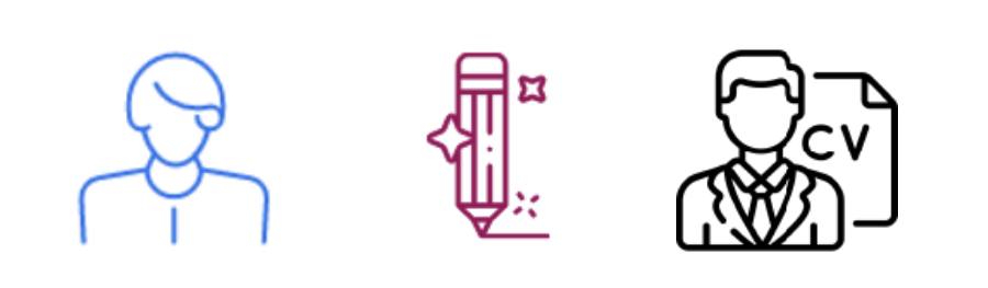 3 icons: a nurse, a sparkling pencil, and a person with a CV document.