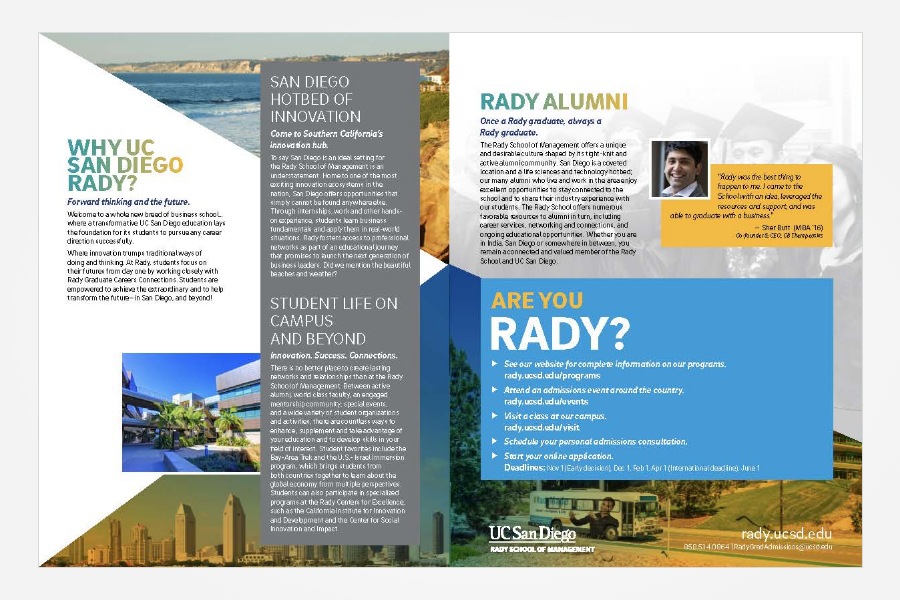Inside and back panel of new brochure showing UC San Diego connection and alumni relations