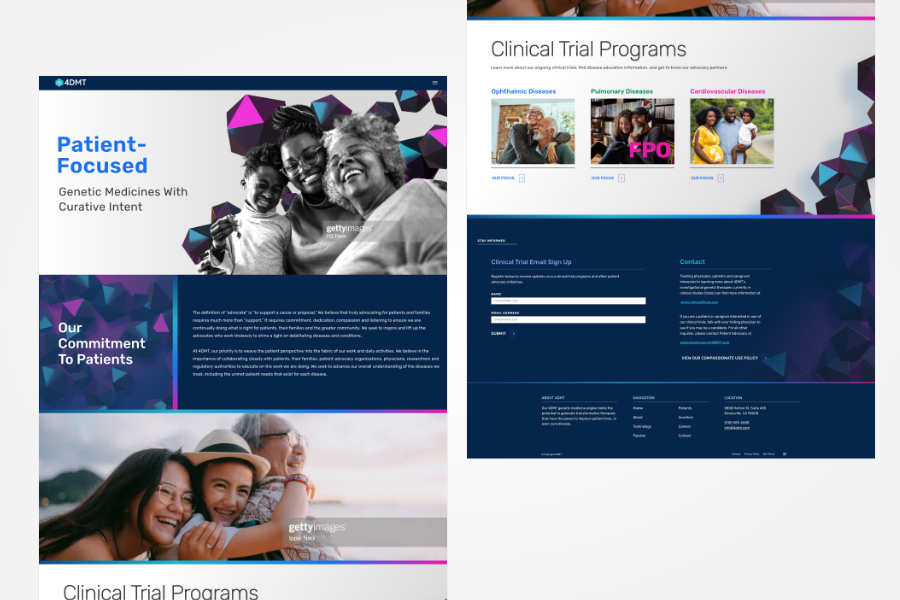 Patients patients page showing gradients, and more warm photos in lieu of the biotech elements