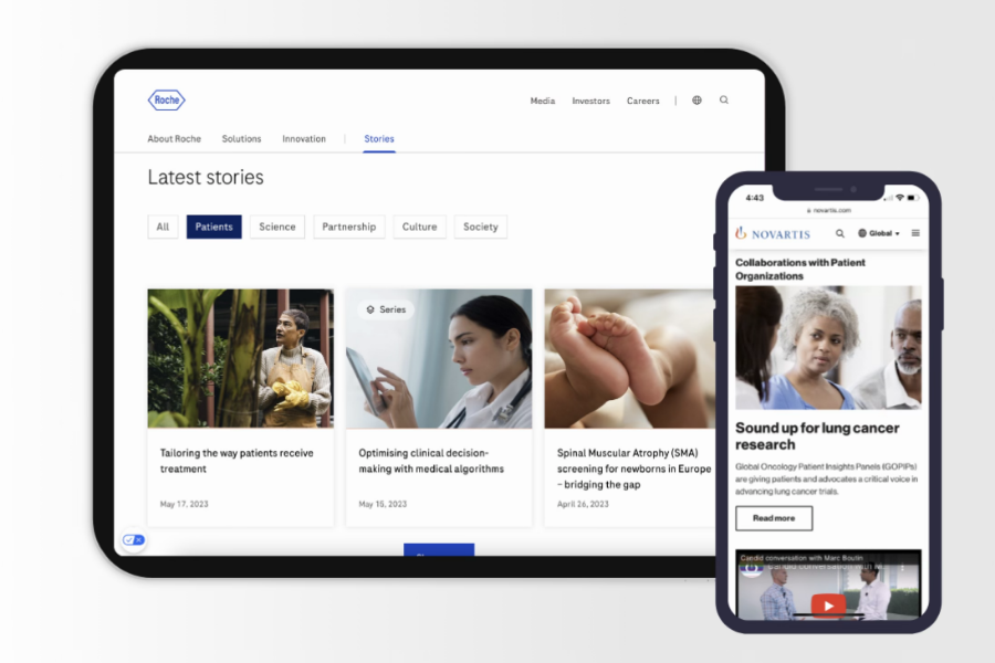 Indirect competitors Roche and Novartis patient-focused stories and clean layouts