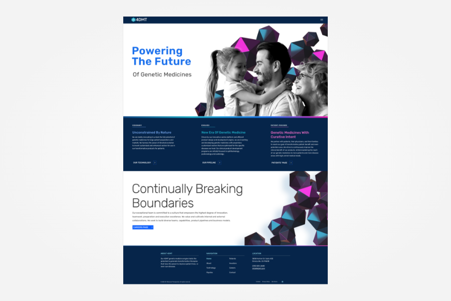 Website homepage showing stark white backgrounds and high focus on biotech elements