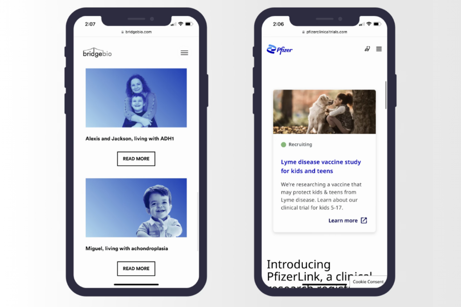 Two mobile screens showing warm and personalized photography 