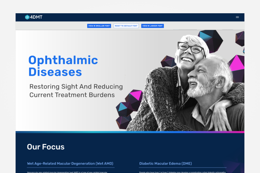 Patients Ophthalmic Disease page with larger font defaulted and font size selection banner under header
