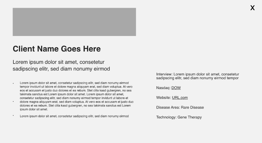 Wireframe of client information including a space for logo, nasdaq, web, and filter tags