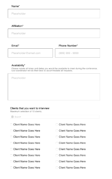 Wireframe of client interest form