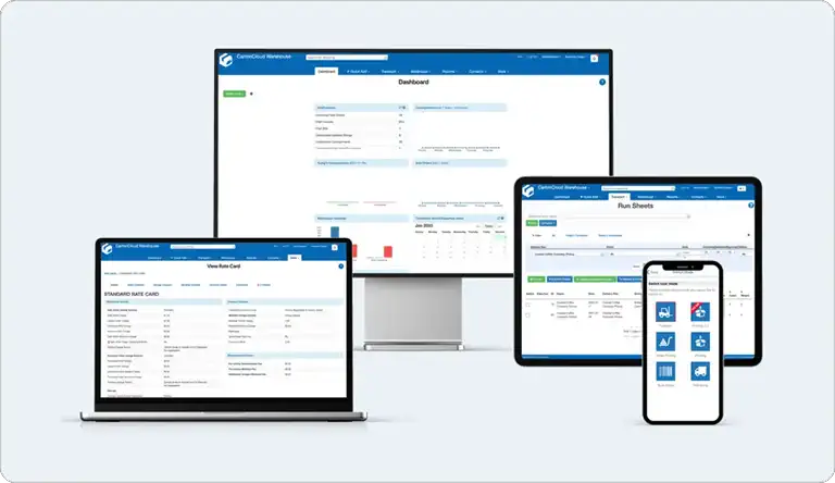 Multiple devices including desktop monitor, laptop, tablet, and smartphone displaying the same blue-themed cloud warehouse management software interface.