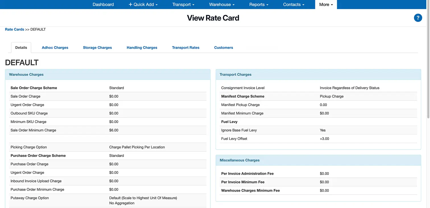 View Rate Card webpage showing Default rate card details with sections for Warehouse Charges, Transport Charges, and Miscellaneous Charges including charge schemes and fees.