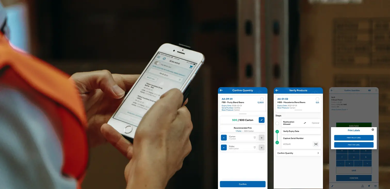 Person using a smartphone app for inventory management showing screens for confirming quantity, verifying products, and printing labels.