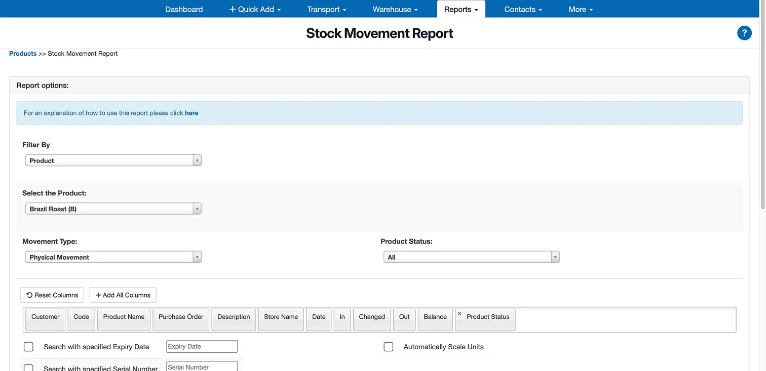 Stock Movement Report webpage screenshot showing filter options for product, movement type, and product status, with selected product Brazil Roast (B).