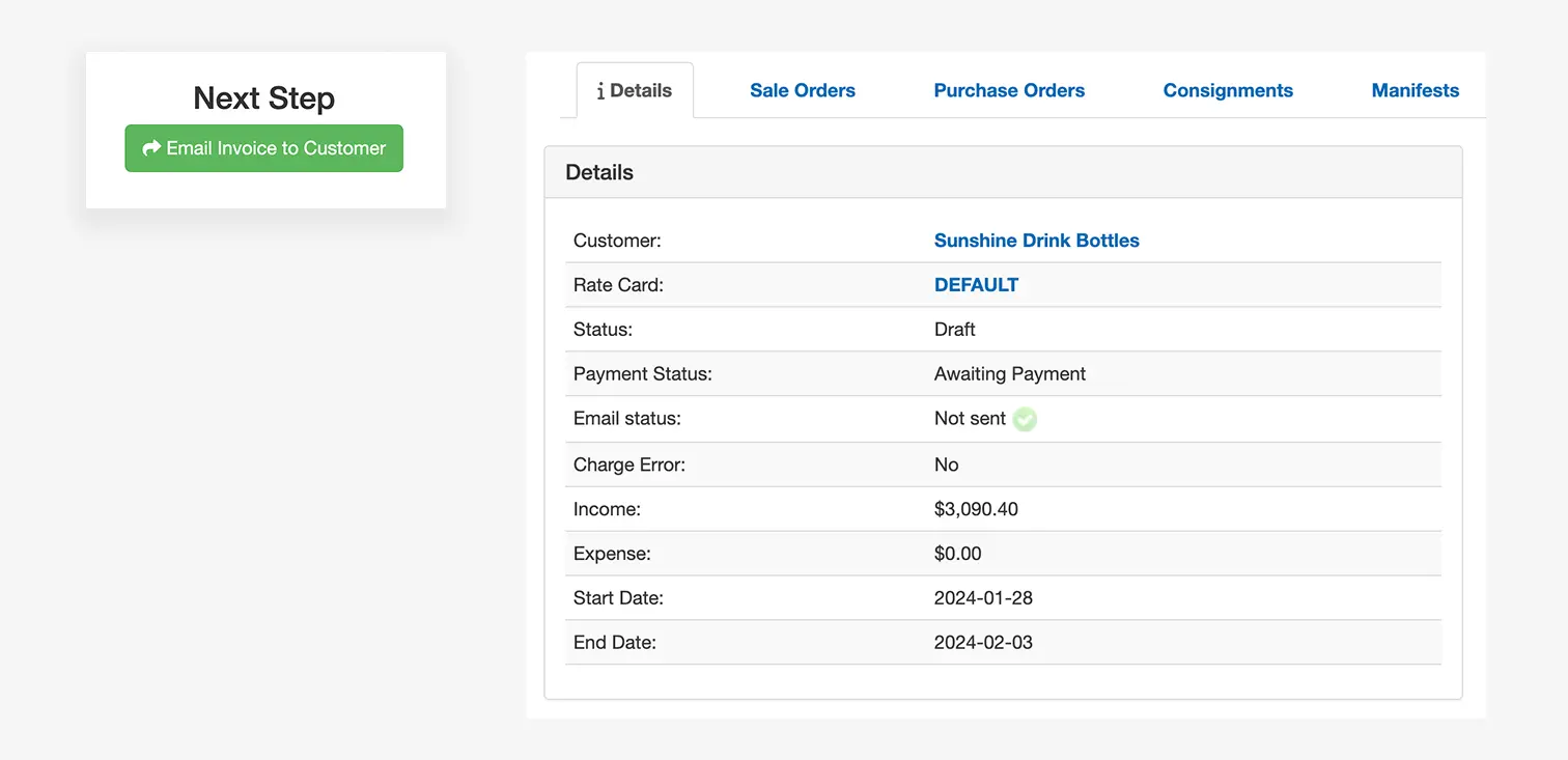 Screen showing order details for Sunshine Drink Bottles with status Draft, awaiting payment, income $3,090.40, and button to email invoice to customer.