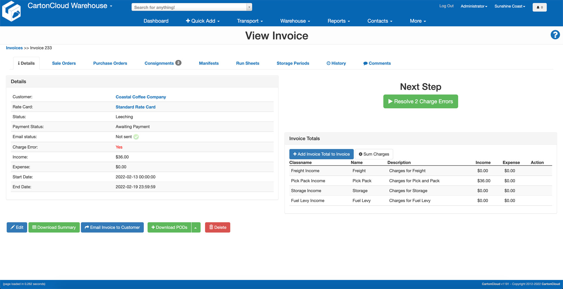 CartonCloud Warehouse invoice interface showing customer Coastal Coffee Company, payment status awaiting payment, two charge errors to resolve, and invoice totals for freight, pick pack, storage, and fuel levy.