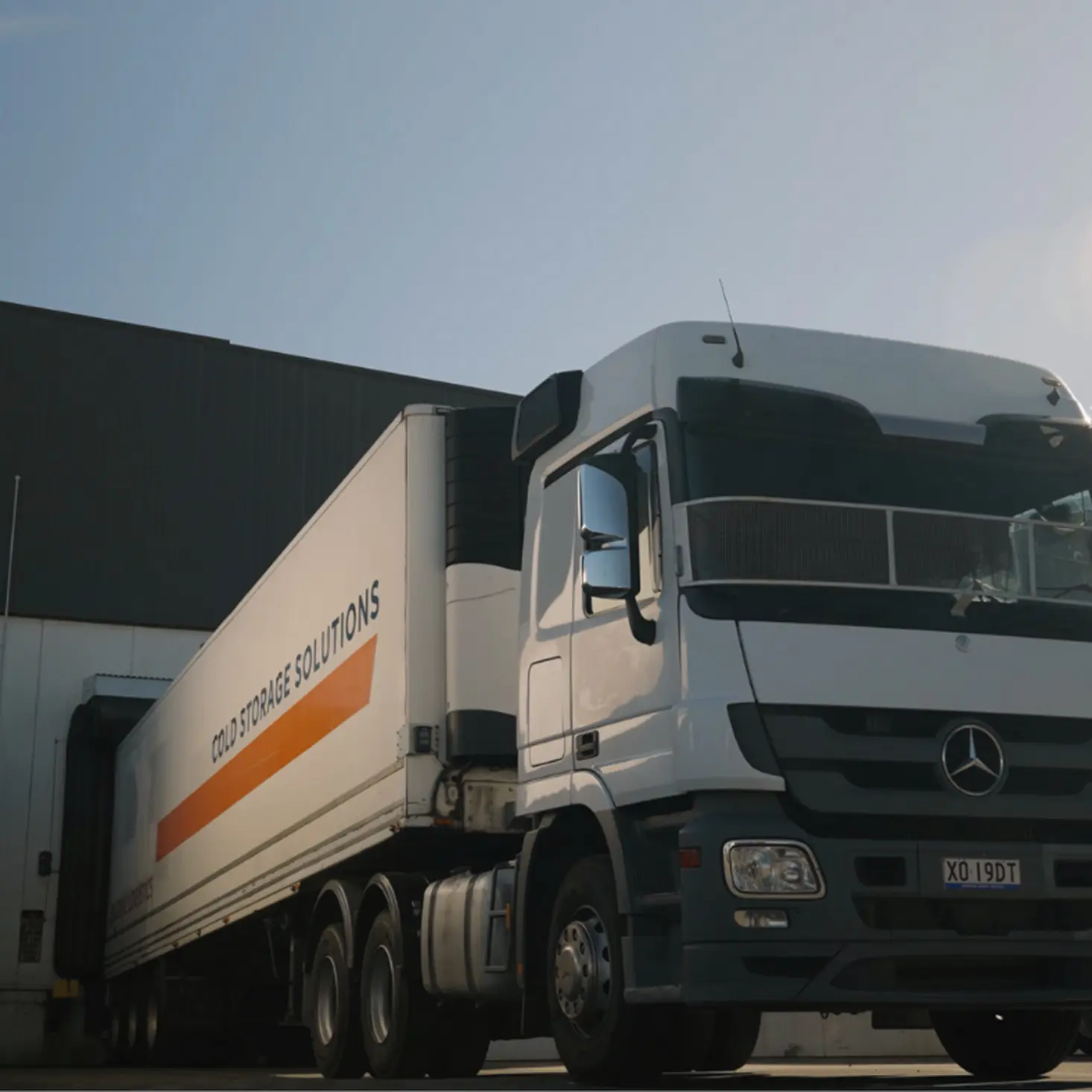 White Mercedes semi-truck with refrigerated trailer labeled 'Cold Storage Solutions' backed into a warehouse loading dock under clear sky.