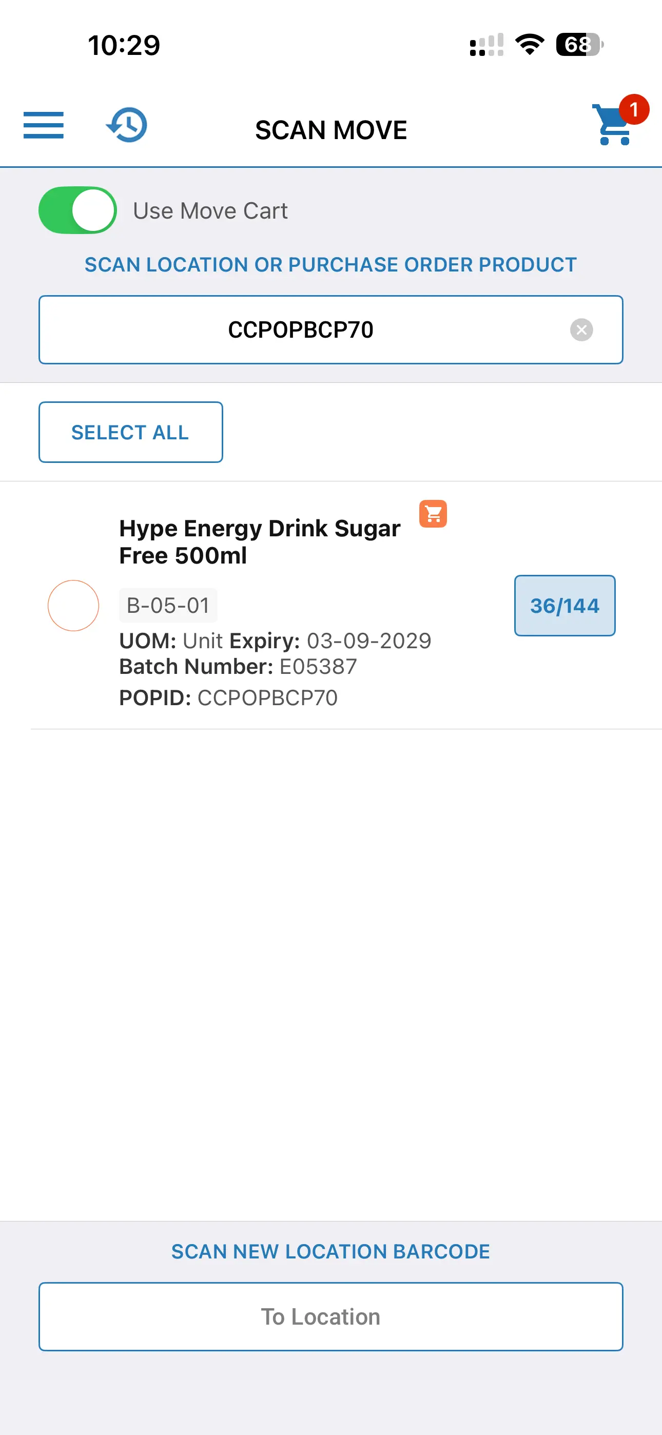 Mobile app screen showing scan move function with product Hype Energy Drink Sugar Free 500ml.