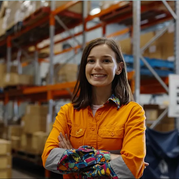 Chole Fischart standing confidently in a warehouse with shelves and boxes in the background.