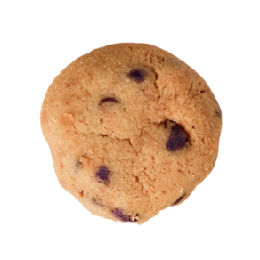 Round chocolate chip cookie with several visible chocolate chunks.