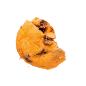 Partially eaten chocolate chip cookie with visible chocolate chunks.