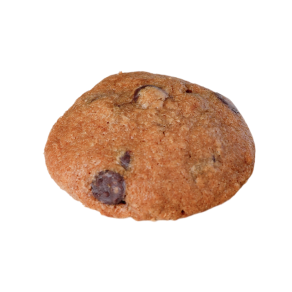 Single chocolate chip cookie with a slightly rough texture.
