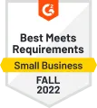 Badge displaying 'Best Meets Requirements Small Business Fall 2022' with the G2 logo at the top.