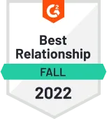 G2 badge for Best Relationship in Fall 2022.