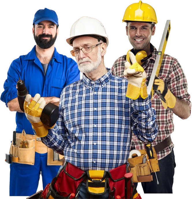 Three construction workers wearing hard hats and tool belts, one holding a drill, another flashing a peace sign with work gloves.