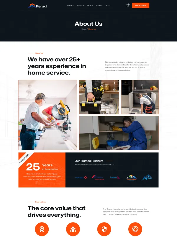 About Us webpage section showing over 25 years of home service experience with images of workers using tools, installing, and repairing, alongside company partner logos.