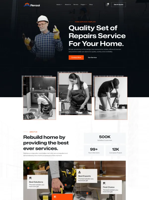 Website homepage for Renzai featuring a repair service with an older man in a hard hat holding tools, three images of people fixing home fixtures, service statistics, and highlighted expertise areas.